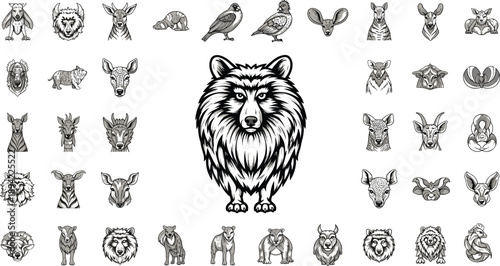 Stylized grayscale animal illustrations, wolf centerpiece, artistic wildlife grid, deer, birds, bear, zebra, symmetrical layout, nature concept, detailed animal heads