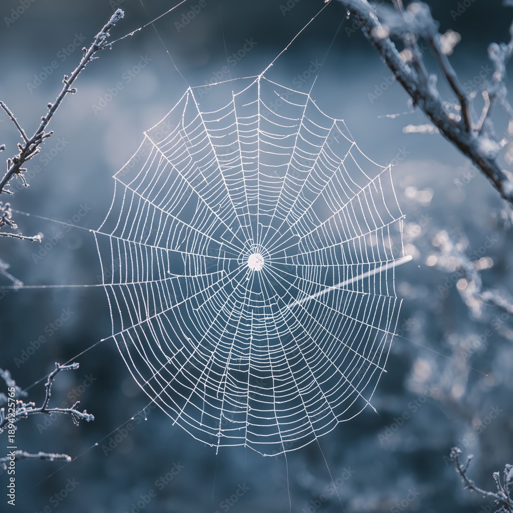 Fototapeta premium Spider Web Covered in Frost in a Morning Forest Scene During Winter