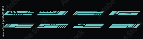 Futuristic cyan racing stripe decal set with dynamic geometric patterns on black background
