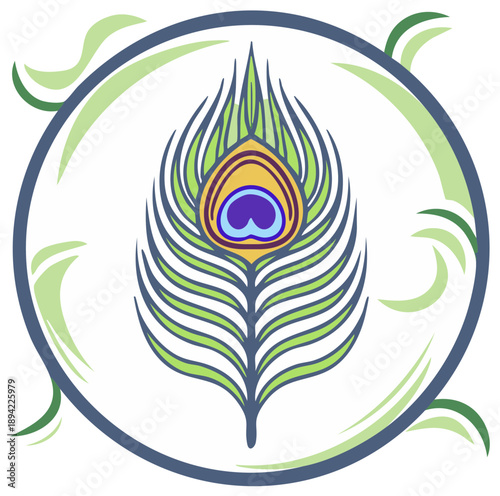 Intricate Peacock Feather Design with Swirling Green and Blue Border Elements