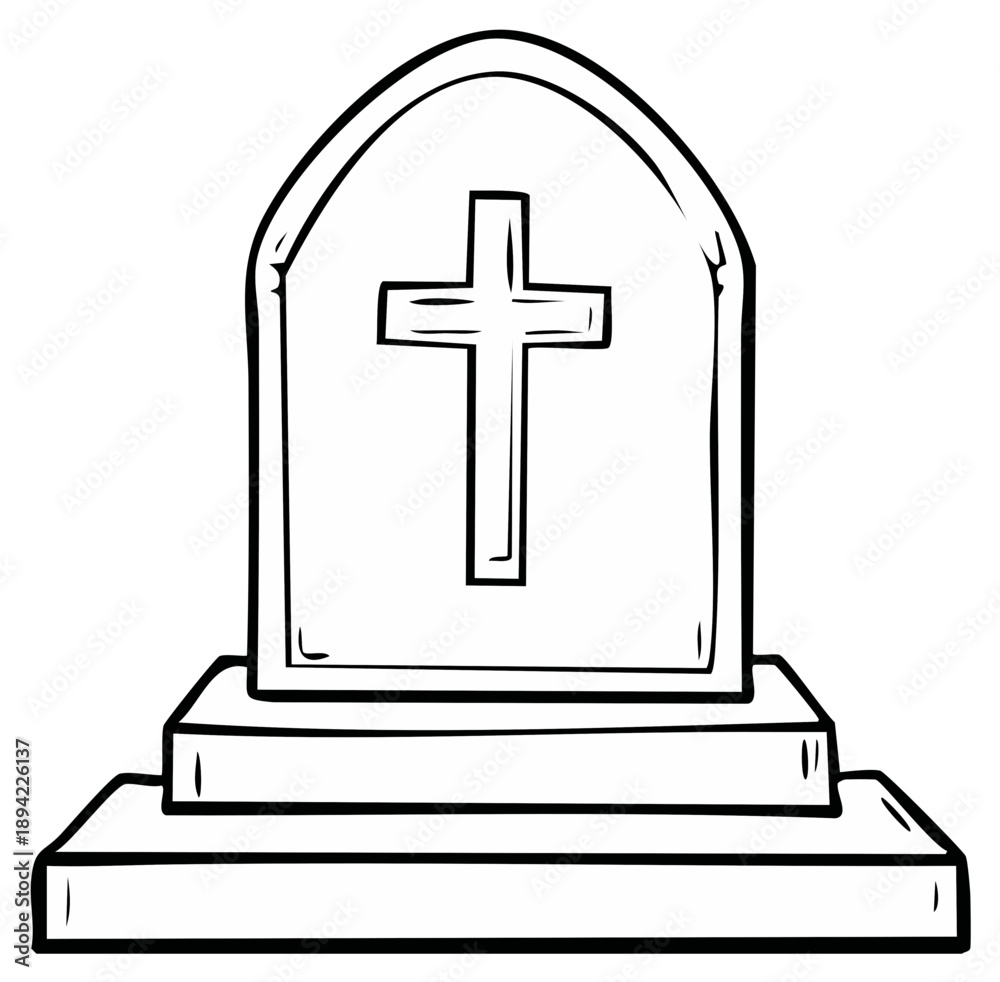 Fototapeta premium Cartoon drawing of a tombstone with a cross icon. Illustration of a gravestone for memorial or death concepts.