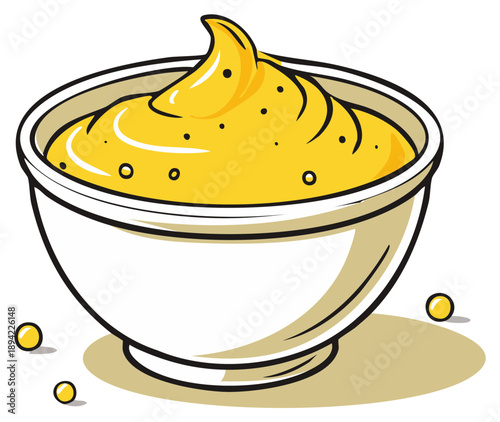 Illustration of Smooth Yellow Sauce in Bowl with Black Dots, Food Concept
