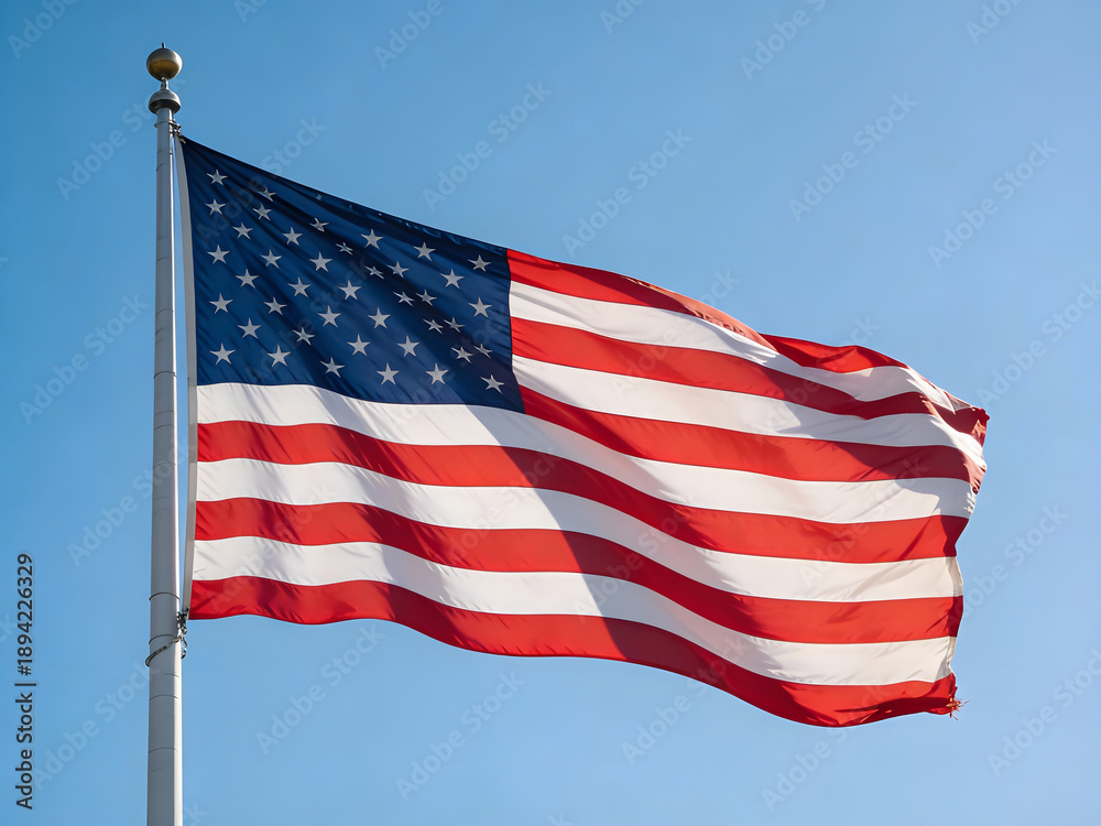 Fototapeta premium American Flag Waving in a Clear Blue Sky on a Tall Flagpole Keywords: American flag, USA flag, stars