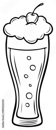 Tall soda glass filled with bubbles and topped with cream and a cherry line art