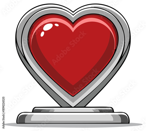 Heart shaped trophy on a pedestal award icon with glossy red fill and metal frame celebrating love or winning