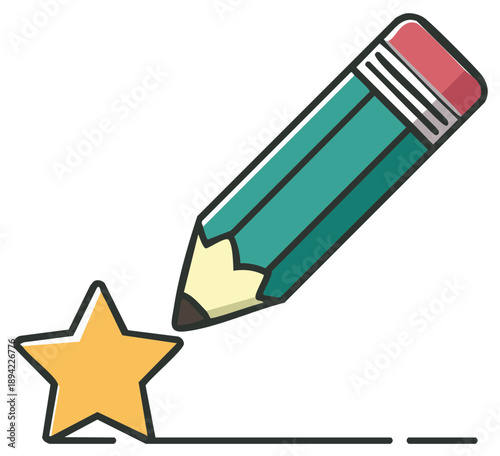 Creative Illustration Featuring a Pencil Drawing a Line and Highlighting a Star for Accomplishment or Good Grades