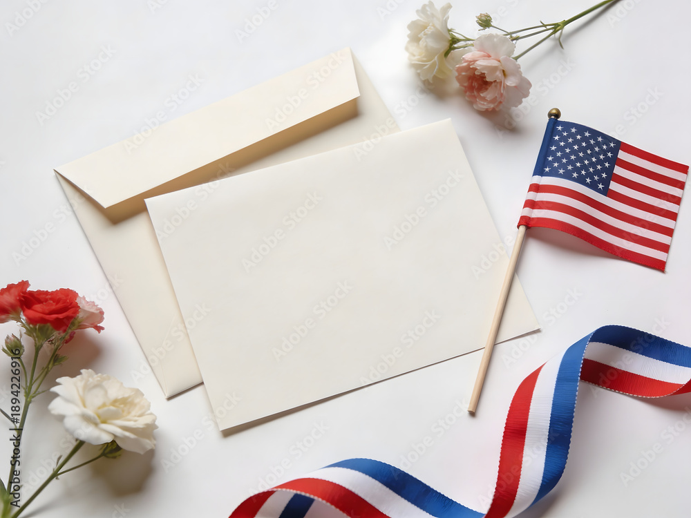 Obraz premium American Flag with Flowers and Ribbon on a White Surface Keywords: American flag, USA flag