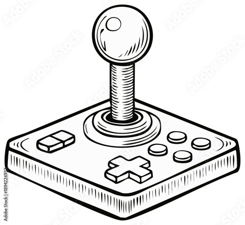 Vintage video game controller with joystick and buttons in isometric view detailed line art