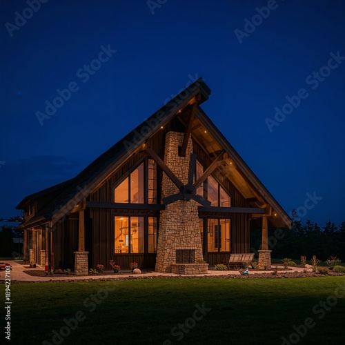 Warm Light Shines From the Windows of a Cabin at Night in a Quiet Rural Area