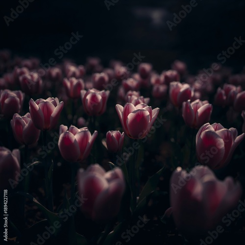 Tulips Bloom in a Garden Under the Light of the Moon During a Cool Evening in...