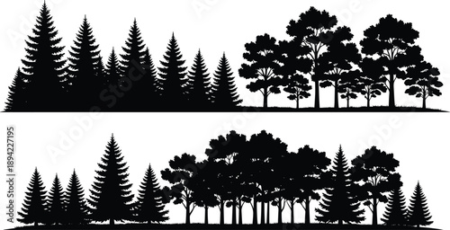 Forest silhouette vector panels, black compositions of coniferous and deciduous trees in split and blended layouts