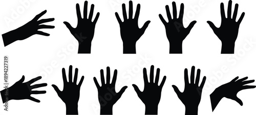 Hand gesture silhouette vector set, twelve black shapes of expressive palm and finger positions in varied orientations