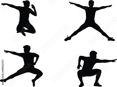 Black silhouettes of people jumping and dancing in energetic sports and fitness movements