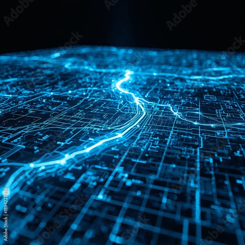 Digital Map Design Showing City Layout and River Flow at Night With Blue Ligh...
