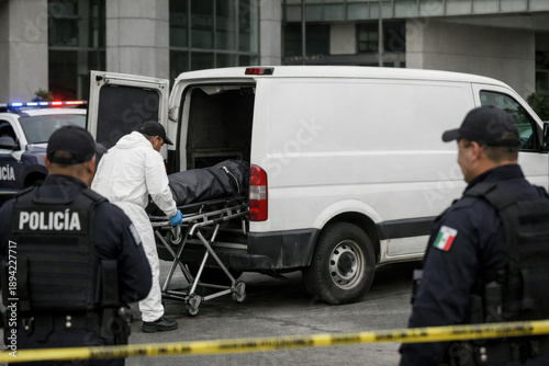 Forensic police officers securing crime scene as investigators load stretcher into white van behind yellow tape in city street spanish policia uniforms emergency response and homicide investigation