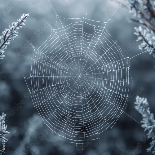 Spider Web Covered in Frost in a Morning Forest Scene During Winter