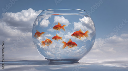 glass fish bowl, instead of water a cloudy sky inside, realistic reflections, studio photography, clean minimal background, surreal conceptual image
