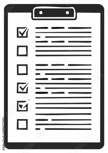 Checklist form on clipboard with marked and blank boxes for questionnaire or survey tasks