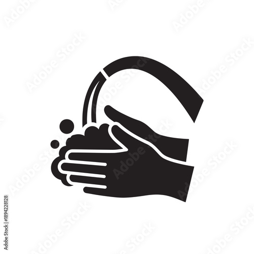 Hand washing with soap in simple black icon style on white background for hygiene awareness
