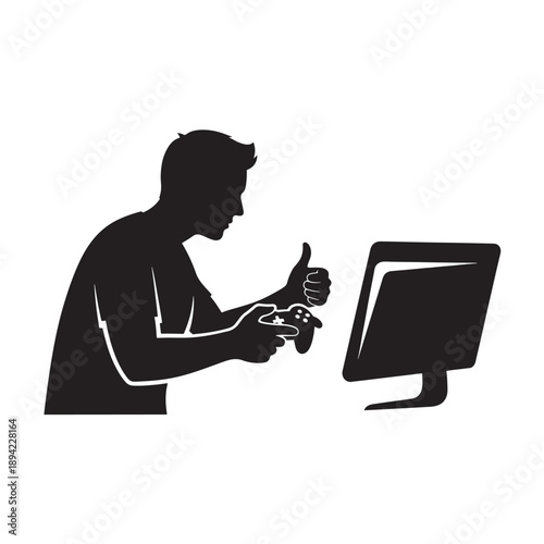 Man giving thumbs up while playing video game on computer in simple black silhouette style with modern flat design for gaming