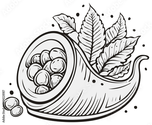Sketch of Cornucopia Filled with Harvested Fruits and Leaves for Thanksgiving Holiday Celebrations