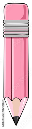 Illustration of a pink cartoon pencil with a black tip and pink eraser for art projects and school supplies
