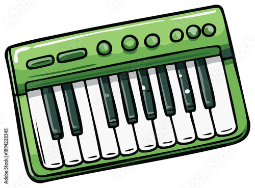 Vibrant green toy keyboard with white and dark keys and circular controls
