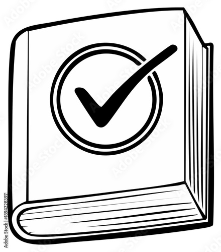 Book with Check Mark Icon on Cover Concept of Correctness and Approval Black and White Line Art