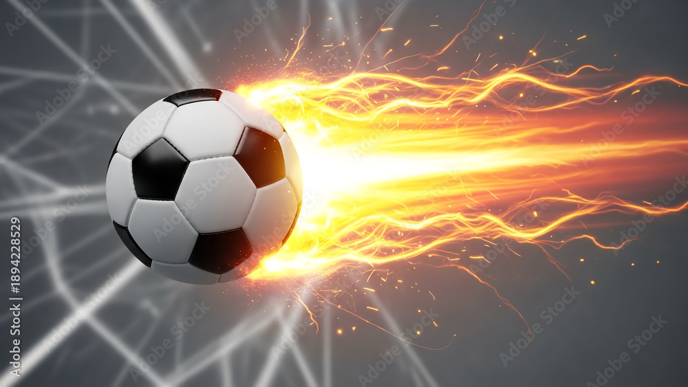 Naklejka premium Soccer ball in flight with flames and sparks