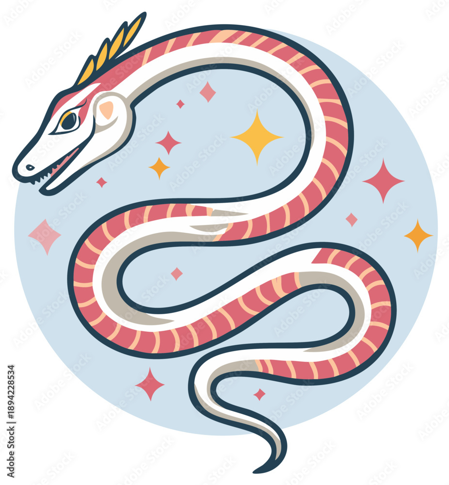 Obraz premium Stylized serpent illustration within a blue circle, fantasy art concept.