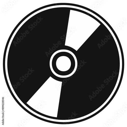 Bold black and white graphic icon representing a classic vinyl record or compact disc media