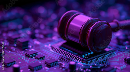 Judge Gavel on Electronic Circuit Board Representing Digital Law, Cyber Justice and Legal Technology – AI Regulation, Tech Governance and Future Justice Concept