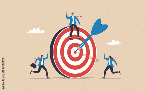 Businessmen race towards a dartboard with a dart hitting the bullseye