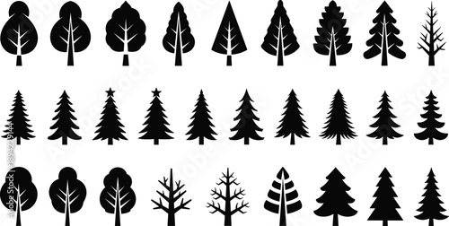 Tree silhouettes set, forest pine deciduous icons isolated black nature botanical illustration collection