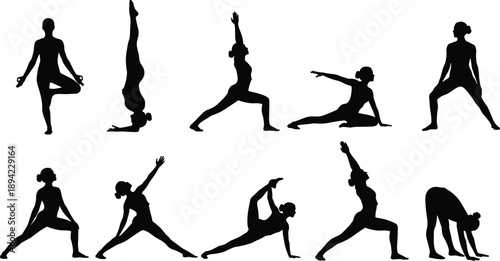 Yoga silhouettes set, women practicing poses isolated black fitness meditation exercise illustration collection