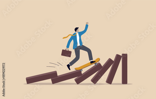 Businessman surfing on skateboard over falling dominoes