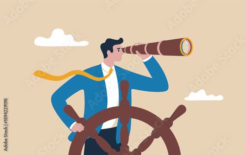 A businessman steering a ship's wheel and looking through a telescope, symbolizing future vision and leadership