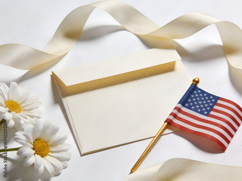 Obraz premium Cream Envelope With American Flag And Daisies On White Background ribbon