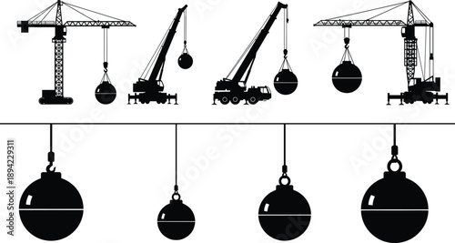 Wrecking ball crane silhouettes set, demolition construction equipment isolated black industrial illustration collection heavy machinery