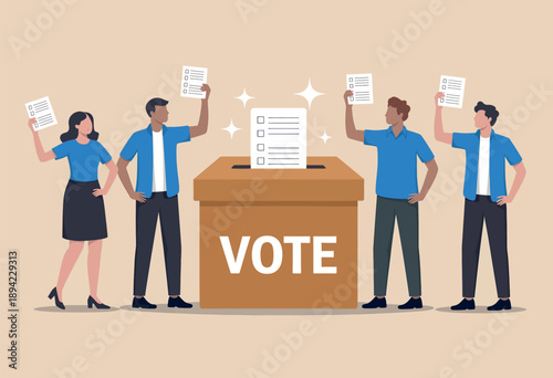 People voting at a polling station with a ballot box and papers