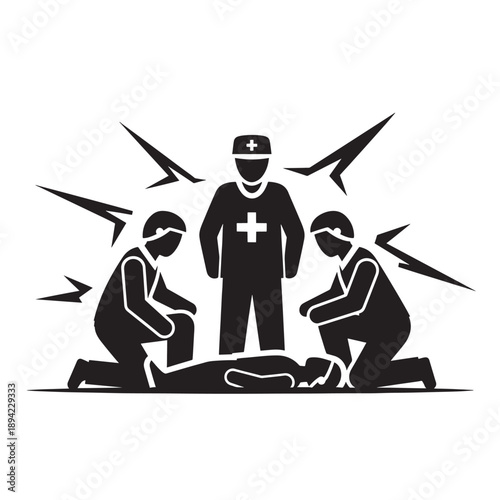 Black Solid Emergency Medical Team Vector Icon for First Aid, Rescue and Healthcare