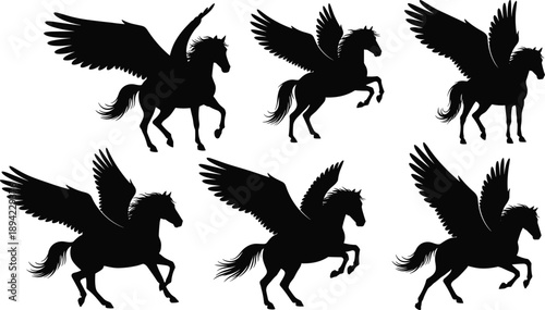 Pegasus silhouettes set, winged horse flying poses isolated black myth fantasy illustration collection design vector