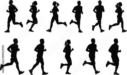 Running silhouettes set, male female joggers exercising isolated black fitness sport illustration collection design vector