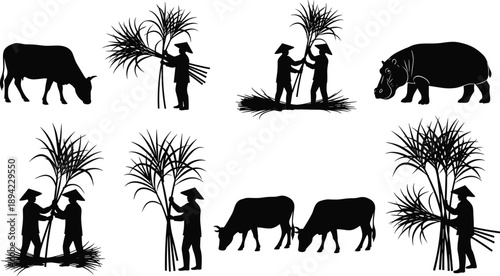 Rural farming silhouettes set, farmers harvesting crops livestock isolated black agriculture village illustration collection