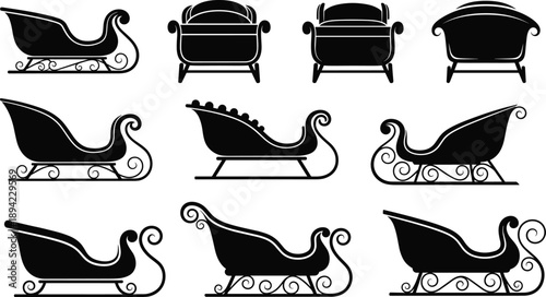 Santa sleigh silhouettes set, Christmas sleigh designs isolated black holiday winter illustration collection