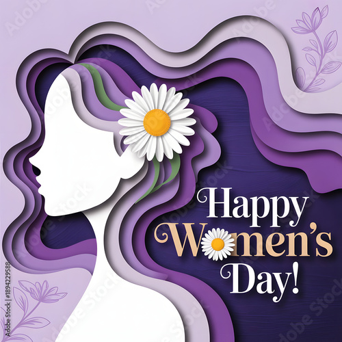 A vibrant illustration celebrating Women's Day with a purple and white color scheme