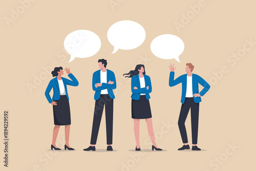 Business professionals in a meeting discussing ideas with speech bubbles
