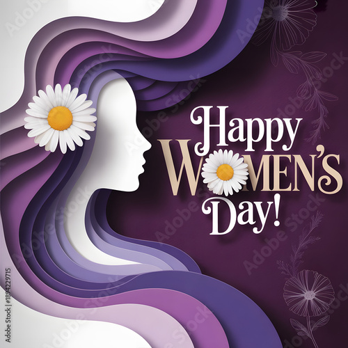 A vibrant illustration celebrating Women's Day with a beautiful woman's silhouette and flowers