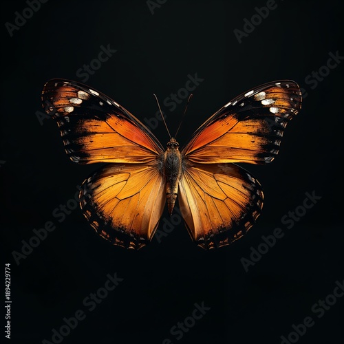 Butterfly With Orange and Black Wings Sits Still Against a Dark Background