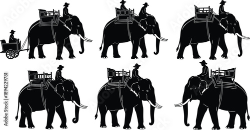 Elephant riding silhouettes set, mahout tourism safari poses isolated black wildlife travel illustration collection